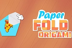 En pappersficka med en pizzabit på blå bakgrund och texten Paper Fold Origami på en träfärgad bakgrund