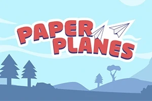 Texten PAPER PLANES i rött med vita kanter över en blå bakgrund med silhuetter av träd och berg