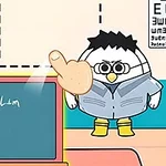 En tecknad figur i en vit rock med glasögon står bredvid en tavla med matematiska formler