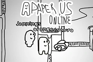 Två tecknade figurer med ansikten står bredvid varandra på en enkel, handritad bakgrund med texten A Paper Us Online ovanför dem