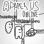 Två tecknade figurer med ansikten står bredvid varandra på en enkel, handritad bakgrund med texten A Paper Us Online ovanför dem