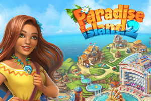Paradise Island 2 En tecknad kvinna med lÄngt brunt hÄr stÄr i förgrunden med en tropisk ö-ort i bakgrunden fylld med fÀrgglada byggnader och resorter