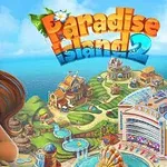 Paradise Island 2 En tecknad kvinna med lÄngt brunt hÄr stÄr i förgrunden med en tropisk ö-ort i bakgrunden fylld med fÀrgglada byggnader och resorter