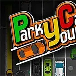 Flera bilar parkerade i en parkeringsplats med titeln Park Your Car i färgglada bokstäver ovanpå