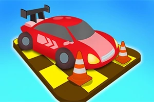 Röd leksaksbil med vita dekorationer parkerad på en gul-och-svart-rutig plattform, omgiven av tre orange trafikkoner