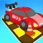 Röd leksaksbil med vita dekorationer parkerad på en gul-och-svart-rutig plattform, omgiven av tre orange trafikkoner