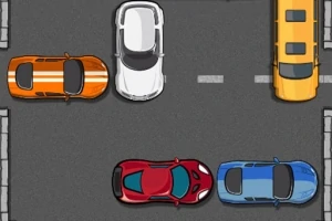 Flera bilar, inklusive en orange, vit, gul, röd och blå, parkerade på en grå väg omgiven av kantstenar