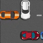 Flera bilar, inklusive en orange, vit, gul, röd och blå, parkerade på en grå väg omgiven av kantstenar