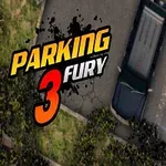 Två bilar i en parkeringsplats med en logotyp som visar texten Parking Fury 3