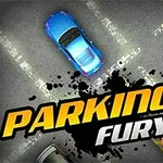 Tre bilar i olika färger parkerade snett i en parkeringsruta med texten Parking Fury ovanpå