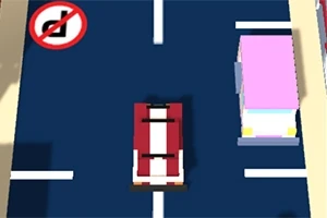 Röd-vit bil på väg med en rosa bil framför och en no entry-skylt i hörnet