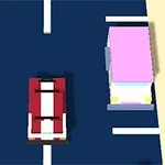 Röd-vit bil på väg med en rosa bil framför och en no entry-skylt i hörnet