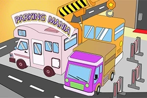 Färgglada tecknade fordon, inklusive en husbil och en buss, står parkerade på en väg intill en skylt som säger Parking Mania