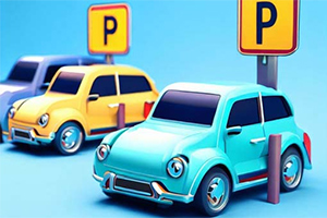 Tre tecknade bilar i olika färger parkerade bredvid P-skyltar mot en blå bakgrund