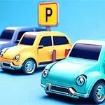 Tre tecknade bilar i olika färger parkerade bredvid P-skyltar mot en blå bakgrund
