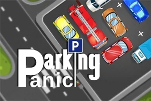 Bilar parkerade i ett rutnät med texten Parking Panic och en parkeringsskylt