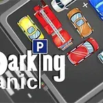 Bilar parkerade i ett rutnät med texten Parking Panic och en parkeringsskylt