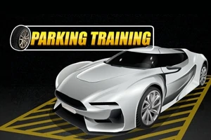 Vit sportbil parkerad på markerade linjer med texten Parking Training ovanför