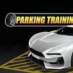 Vit sportbil parkerad på markerade linjer med texten Parking Training ovanför
