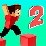 En pixelart-karaktär med röda kläder hoppar mellan röda block mot en turkos bakgrund med en stor siffra två