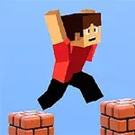 En pixelartfigur i röd tröja hoppar mellan tegelblock mot en blå himmel