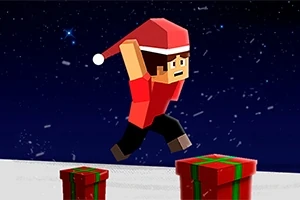 Animerad karaktär i tomteluva hoppar mellan julklappar mot en stjärnfylld natthimmel
