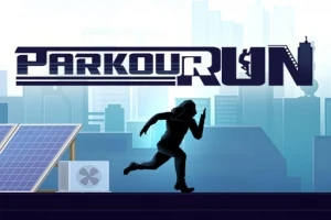 Silhuett av en löpare som springer på ett tak med stadssiluett i bakgrunden och texten Parkour Run ovanför