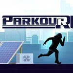 Silhuett av en löpare som springer på ett tak med stadssiluett i bakgrunden och texten Parkour Run ovanför