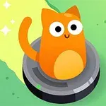 En tecknad orange katt sitter på en robotdammsugare på en grön och gul bakgrund
