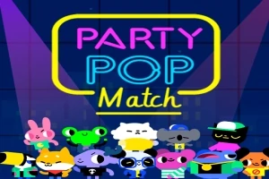 Färgglada, tecknade djurkaraktärer står framför en neonbelyst skylt med texten Party Pop Match i bakgrunden