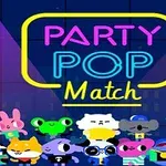 Färgglada, tecknade djurkaraktärer står framför en neonbelyst skylt med texten Party Pop Match i bakgrunden