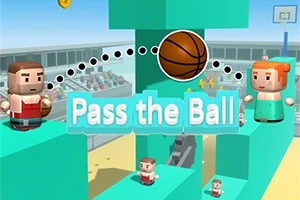 Två blockiga figurer står på en färgglad plattform, med en basketboll mellan dem och texten Pass the Ball synlig i mitten