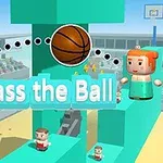 Två blockiga figurer står på en färgglad plattform, med en basketboll mellan dem och texten Pass the Ball synlig i mitten