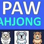 Texten PAW MAHJONG mot en blå bakgrund med illustrationer av djur som tiger, får, koala och björn nedanför