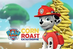 Hund i brandmansdräkt framför en hög med majskolvar och texten Corn Roast Catastrophe