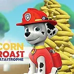 Hund i brandmansdräkt framför en hög med majskolvar och texten Corn Roast Catastrophe