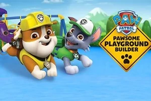 Två animerade valpar iförda arbetskläder leker på en lekplats med en skylt som säger Pawsome Playground Builder
