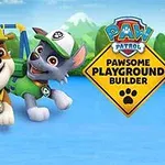 Två animerade valpar iförda arbetskläder leker på en lekplats med en skylt som säger Pawsome Playground Builder