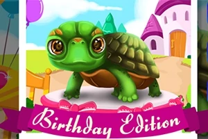 En tecknad sköldpadda på en rosa plattform med texten Birthday Edition framför ett sagoslott