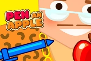 Tecknad figur med glasögon, leopardmönster, en blå penna och ett äpple, samt texten Pen an Apple