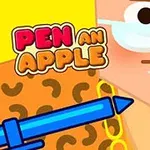 Tecknad figur med glasögon, leopardmönster, en blå penna och ett äpple, samt texten Pen an Apple