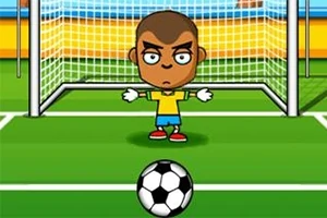 En tecknad målvakt med gula och blå kläder står i ett mål med en fotboll framför sig på planen