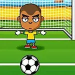 En tecknad målvakt med gula och blå kläder står i ett mål med en fotboll framför sig på planen