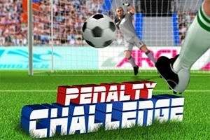 En målvakt försöker stoppa en boll i en straffsituation på en fotbollsplan, med texten Penalty Challenge överst på gräset