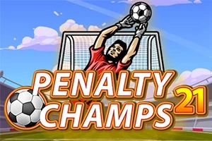 En målvakt i röd tröja räddar en fotboll framför ett mål med texten Penalty Champs 21 i förgrunden