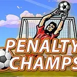 En målvakt i röd tröja räddar en fotboll framför ett mål med texten Penalty Champs 21 i förgrunden
