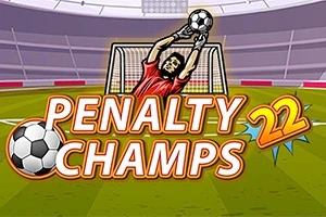 Fotbollsmålvakt i röd tröja som räddar en boll framför ett mål, med texten Penalty Champs 22 i förgrunden