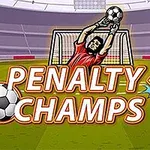 Fotbollsmålvakt i röd tröja som räddar en boll framför ett mål, med texten Penalty Champs 22 i förgrunden