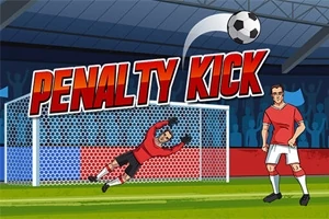 En tecknad målvakt i rött dyker för att rädda en fotboll medan en spelare i rött står bredvid ett mål med texten Penalty Kick