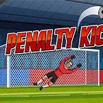 En tecknad målvakt i rött dyker för att rädda en fotboll medan en spelare i rött står bredvid ett mål med texten Penalty Kick